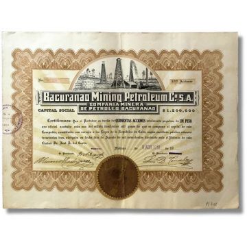 Bacuranao Mining Petroleum Co SA, 1918, 500 Acciones Stock Certificate