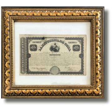 Framed 1869 Original Rep. de Cuba, Bond 100 Pesos-B
