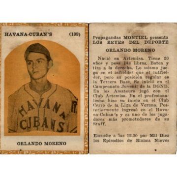Orlando Moreno, Propagandas Montiel Cuban Baseball Card #109