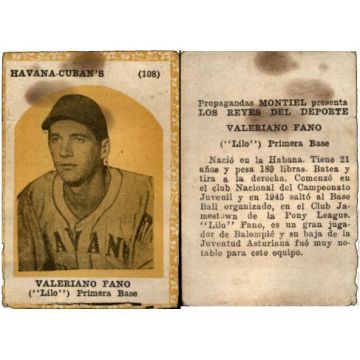 Valeriano (Lilo) Fano, Propagandas Montiel Cuban Baseball Card #108